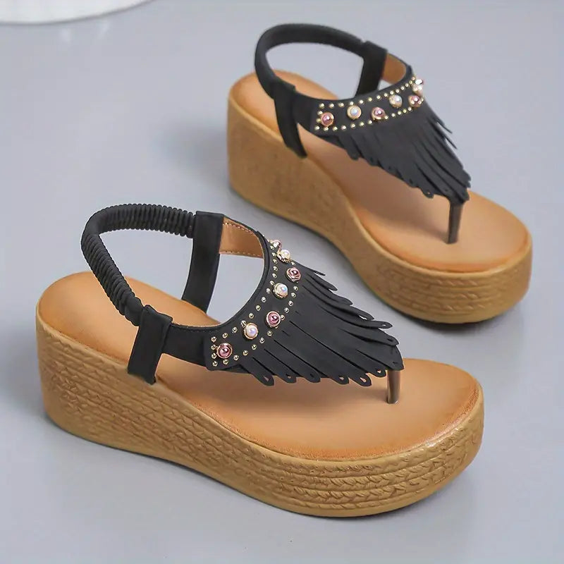 Rhinestone Decor Sandals, Thick Bottom Elastic Ankle Strap Tassel Decor Thong Sandals, Summer Beach Shoes