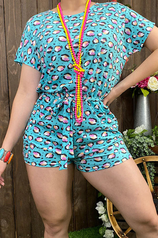Blue & purple leopard printed romper w/pockets